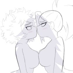 2girls almost_kissing before_sex breast_press breast_to_breast imminent_kiss imminent_sex looking_at_another lying mina_ashido momo_yaoyorozu my_hero_academia silhouette sketch symmetrical_docking yuri zancu