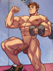 1boy abs alex_(stardew_valley) alternate_pectoral_size bara bicep_curl biceps brown_hair circumcised circumcision_scar completely_nude daydreamerjim dumbbell erection flexing foot_out_of_frame large_pectorals male male_focus male_only muscular muscular_male navel nipples nude pectorals penis pose proud_of_his_cock short_hair sideburns solo stardew_valley stomach thick_thighs thighs uncensored veins veiny_penis weightlifting