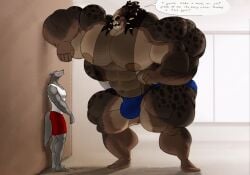 abs alien anthro big_muscles big_pecs bulge canid canine color duo huge_muscles hyper larger_male leaning_against_wall leaning_forward male male_only mammal mesh_shirt muscles muscular muscular_arms muscular_male muscular_thighs pecs predator_(franchise) see-through_clothing silver_stag size_difference smaller_male speech_bubble speedo tank_top text wolf yautja