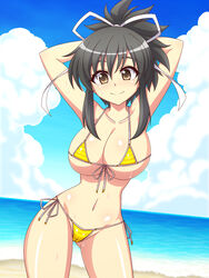 alternate_costume asuka_(senran_kagura) beach bikini blush brown_eyes cameltoe clouds hair_ribbon hands_behind_head large_breasts light_blush ocean posing senran_kagura side-tie_bikini smile striped_bikini wet yellow_bikini yellow_eyes zetsumu ztm