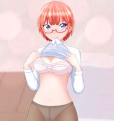 1girls bespectacled bokutachi_wa_benkyou_ga_dekinai bra breasts female female_only glasses looking_at_viewer ogata_rizu_(bokuben) panties panties_under_pantyhose pantyhose partially_clothed short_hair solo standing top_lift