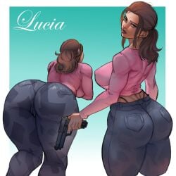 2d ass ass_focus big_ass big_breasts big_butt big_thighs breasts brown_hair butt dat_ass female female_only gigantic_ass gigantic_thighs grand_theft_auto grand_theft_auto_vi gun hispanic huge_ass huge_breasts huge_thighs latina looking_at_viewer lucia_(gta) moonritu nipples panties pants ponytail puerto_rican shirt thick_ass thick_hips thick_thighs thighs