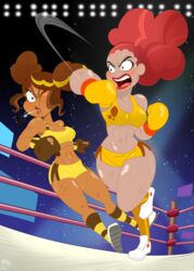 2girls boxing boxing_gloves boxing_match boxing_ring brown_boxing_gloves brown_gloves bruises cleavage dark-skinned_female dc dc_comics dc_super_hero_girls doris_zeul doris_zeul_(shg) erect_nipples erect_nipples_under_clothes female female_only fight fit_female gloves great_dude karen_beecher karen_beecher_(shg) multiple_girls punch punching ryona shorts sweat thick_thighs yellow_boxing_gloves yellow_gloves