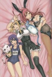 3girls bunny_ears bunny_girl bunnysuit charle_(fairy_tail) erza_scarlet fairy_tail female female_only happy_(fairy_tail) hiro_mashima lucy_heartfilia maid_dress maid_headdress maid_uniform multiple_girls official_art panther_lily panties pantyhose plushie school_swimsuit twintails wendy_marvell young