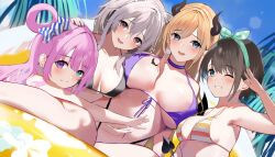 4girls beach bikini blush breasts_apart cheerful floatie grin himemori_luna holoforce hololive hololive_gen_2 hololive_gen_5 hololive_japan huge_breasts looking_at_viewer lying_down medium_breasts one_arm_up one_eye_closed oozora_subaru palm_tree shishiro_botan smile succubus swimsuit upper_body virtual_youtuber yuzuki_choco