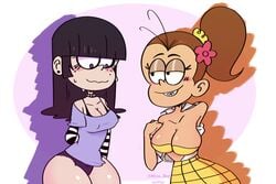 2girls bangs big_breasts black_hair blunt_bangs blush bra breasts brown_hair cleavage duo duo_focus female female_only flashing goth half-closed_eyes looking_at_another luan_loud maggie maggie_(the_loud_house) mossbog multiple_girls open_shirt panties plaid_skirt ponytail scrunchie skirt smile the_loud_house thick_thighs