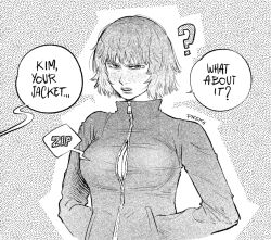 1girls ? breasts broken_zipper bursting_breasts cleavage english_text female hands_in_pockets kim_pine large_breasts monochrome preka scott_pilgrim short_hair solo solo_female text track_jacket wardrobe_malfunction zipper zipper_malfunction