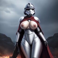 1girls ai_generated blaster blaster_rifle breasts captain_phasma cloak darkeffect female_only first_order lava silver_armor small_waist solo solo_female star_wars