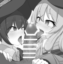 2girls big_penis black_and_white blowjob elaina_(majo_no_tabitabi) heart-shaped_pupils majo_no_tabitabi no_color saya_(majo_no_tabitabi) tongue_out