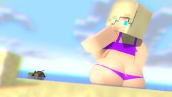 ass beach bikini blonde_hair breasts breasts_bigger_than_head butt_bigger_than_head butt_expansion expansion giantess hyper_ass massive_ass massive_breasts mine-imator minecraft mya_nicols(tittank) tenk(tittank) tight_bikini tittank