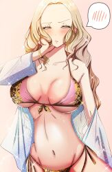 big_breasts bikini blonde_hair blush ebihara_ai embarrassed jewelry leopard_print_bikini looking_away_from_viewer persona persona_4 pink_background pink_bikini takeminaieeru yellow_eyes