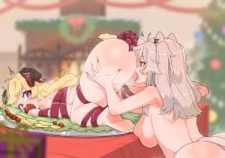 2girls ahoge animal_ears anus anus_peek apple apple_in_mouth ass ass_grab bare_legs barefoot blonde_hair blush bondage breasts cunnilingus curled_horns ear_piercing eating_pussy ewe feet food fruit grabbing_another's_ass grey_eyes grey_hair groping hair_ornament hands_on_ass heart heart-shaped_pupils holoforce hololive hololive_gen_5 hololive_japan horns large_breasts licking lion_ears lion_girl lion_tail long_hair moral_cacoethes multiple_girls mutton nude open_mouth oral piercing purple_eyes pussy pussy_juice sheep sheep_girl sheep_horns sheep_tail shishiro_botan soles symbol-shaped_pupils tail toes tongue tsunomaki_watame uncensored virtual_youtuber yuri