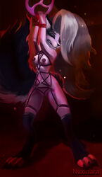 1girls anthro bound canid_demon closed_eyes demon grey_body grey_fur hair half-closed_eyes hellhound helluva_boss leggings lingerie long_hair loona_(helluva_boss) nuxinara sharp_teeth standing tied_up toe_claws vivienne_medrano white_body white_eyes white_fur