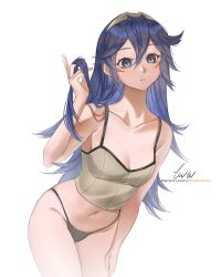 1girls absurdres artist_name black_panties blue_eyes blue_hair breasts camisole cleavage collarbone female female_only fire_emblem fire_emblem_awakening firelordzuu highres leaning_forward long_hair lucina_(fire_emblem) navel nintendo panties parted_lips pksou playing_with_own_hair simple_background small_breasts solo stomach thighs tiara underwear very_long_hair white_background