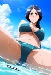 1girls ai_generated artist_name aru117 beach big_breasts bikini bikini_bottom bikini_top black_hair bleach bleach:_the_thousand-year_blood_war blush breasts cleavage commentary female female_only huge_breasts light-skinned_female light_skin looking_at_viewer mature mature_female mature_woman midriff milf nai_diffusion oppai outdoors partially_submerged pinup pixiv_username revealing_swimsuit seaside seductive seductive_look seductive_smile sitting skimpy skimpy_bikini smile solo solo_focus spread_legs stable_diffusion unohana_retsu water watermark wet wet_skin