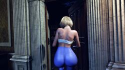 3d ashley_graham ashley_graham_(ella_freya) ass ass_bigger_than_head ass_cleavage ass_focus blonde_hair breast_press breasts chocker exposed_breasts gym_clothes gym_shirt gym_uniform high_hips hips leggings pale_skin pear_shaped pink_nipples resident_evil resident_evil_4 skinny slutty_outfit socks stockings thick_ass thick_thighs translucent