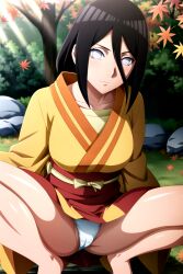 1girls ai_generated bare_legs bare_thighs barefoot big_breasts boruto:_naruto_next_generations breasts brown_hair busty clothed_female clothing embarrassed female female_only forest hakama hakama_skirt huge_breasts hyuuga_hanabi kimono looking_at_viewer nai_diffusion naruto naruto_(series) nature oppai outdoors panties pantyshot rindo skirt solo solo_focus squatting stable_diffusion sunlight thighs underwear white_eyes white_panties wide_sleeves yukata