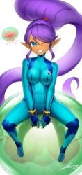 1girls catsuit cosplay dark-skinned_female female genie genie_girl latex latex_bodysuit metroid metroid_(creature) nintendo revenantart shantae shantae_(character) zero_suit zero_suit_samus_(cosplay)