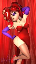 3d 3d_(artwork) crossover dress jessica_rabbit_(cosplay) octoling octoling_girl red_hair sheila_(wingfury) splatoon who_framed_roger_rabbit wing_fury