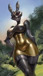 1girls 2020s 2023 anthro anthro_only anthrofied big_breasts big_hands big_thighs black_eyes black_fur black_thighhighs breasts bushes child_bearing_hips clothed clothing ear eeveelution eyebrows eyelashes eyes female female_focus female_only furry furry_female furry_only gold gold_dress hands hi_res highres hips large_thighs long_ears mammal midriff momo_fox navel nintendo nipple_bulge open_eyes open_mouth outdoors pokémon_(species) pokemon pokemon_(species) red_sclera smile smirk solo solo_female solo_focus thick_thighs thigh_highs thigh_straps thighhighs thighs tits toothy_grin trees umbreon wide_hips