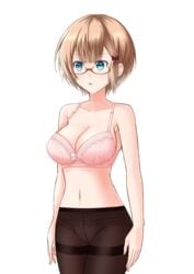 1girls bespectacled bokutachi_wa_benkyou_ga_dekinai bra breasts female_only glasses mostly_nude ogata_rizu_(bokuben) panties panties_under_pantyhose pantyhose short_hair solo standing