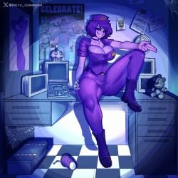 1girls big_breasts boots breasts busty cameras choker cleavage collar cupcake_(fnaf) delta delta_com desk female female_only five_nights_at_freddy's fnaf genderswap_(mtf) guard hat huge_breasts large_breasts legs purple_body purple_clothes purple_guy_(fnaf) purple_skin rule_63 scottgames security_camera security_guard shoes sitting_on_desk teeth thick thick_legs thick_thighs thighs wendy_afton william_afton