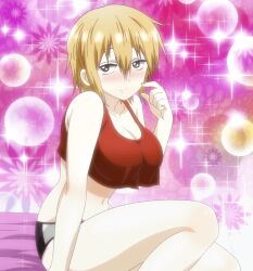 anime bed bed_sheet bell_hydra blonde_hair blood_lad blush busty curvy detailed_background female grey_eyes hourglass_figure huge_breasts low_cut_top pov screencap short_hair shy sitting small_nose soft_skin sparkles sparkling_eyes tank_top thick_thighs top_heavy