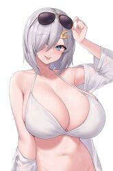 1girls absurd_res bikini blue_eyes breasts cleavage female hair_over_one_eye hamakaze_(kantai_collection) hi_res huge_breasts kantai_collection kuavera light-skinned_female light_skin massive_breasts short_hair simple_background white_hair