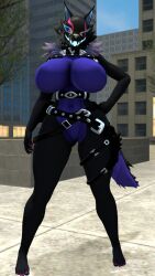 2023 3d 3d_(artwork) 9:16 anthro anthro_only baek-myo belt big_breasts black_body black_skin blue_body blue_sclera blue_skin breasts canid canine city digital_media_(artwork) epic_games facial_markings featureless_breasts feet female fortnite full-length_portrait fur furry furry_only genitals head_markings hi_res highwire_(fortnite) looking_at_viewer mammal markings open_mouth pack_leader_highwire plant portrait pose purple_body purple_fur pussy solo source_filmmaker standing tail tree white_eyes wink winking winking_at_viewer wolf wolf_ears wolf_girl