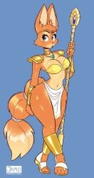 anthro cleavage cosplay crossover_cosplay diane_foxington fox_ears fox_girl fox_tail furry green_eyes jamoart krystal_(cosplay) large_breasts loincloth sandals spear star_fox the_bad_guys thick_thighs voluptuous