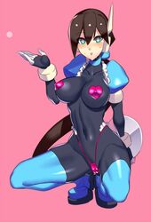 1girls aile big_breasts crouching female heart-shaped_pupils latex_suit mega_man mega_man_zx mega_man_zx_advent micro_bikini pasties squatting tagme thighhighs ukimukai