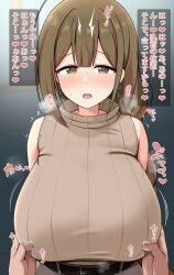 1boy 1girls female kuwayama_chiyuki large_breasts looking_at_viewer male male_pov sweater tomato_rice touching_nipples