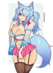 1futa big_breasts bimbofication blue_hair blushing chastity_cage chastity_device choker cleavage commission commissioner_upload dickgirl eyeshadow facial_markings fishnets flat_chastity_cage fox fox_ears fox_tail futanari garter_straps gyaru japanese_clothes japanese_clothing kuromaru_(original_character) kuromaruart makeup miniskirt one_eye_covered purple_eyes revealing_clothes skimpy_clothes small_penis smile smug stockings tagme thong_above_skirt thong_straps