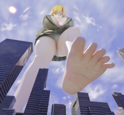 1girl 1girls 2023 3d 3d_(artwork) 3d_model big_breasts blonde_female blonde_hair breasts building buildings city city_destruction female fondler foot_fetish foot_focus giantess grace_(fondler) high_quality high_res high_resolution highres light-skinned_female light_skin low-angle_view macro macro_female png sharp_teeth tease thick_thighs thighs yellow_eyes yellow_hair