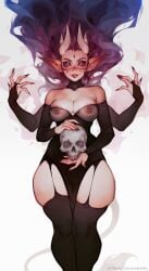 1girls 3rd_party_edit 4_arms absurd_res areolae black_thighhighs breasts breasts_visible_through_clothing demon demon_girl demon_horns dress female female_only garter_straps gauntlets gift_art holding_skull horns long_hair looking_at_viewer nipples pale-skinned_female pink_eyes pointy_ears sasha_khmel see-through_clothing sharp_fingernails skull smiling smiling_at_viewer solo thick_thighs thighhighs