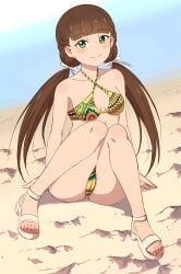 1girls beach bikini blush box_wonderland breasts cameltoe hairbow knees_up looking_at_viewer love_live! love_live!_superstar!! perky_nipples petite petite_body petite_breasts petite_female pubic_hair pubic_hair_peek pubic_hair_visible_through_clothing sakurakouji_kinako sand sandals sitting smile toes water young young_female young_woman