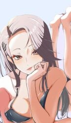 gray_hair grey_bikini grey_hair legs_up lying_on_stomach persona persona_5 pink_eyes sae_niijima smirk takeminaieeru white_background