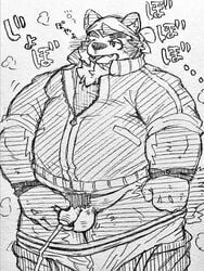 3:4 anthro balls bandana belly black_and_white blush canid canine canis clothed clothing domestic_dog donuts72 flaccid genitals hi_res japanese_text kemono kerchief live-a-hero male mammal mokdai monochrome overweight overweight_anthro overweight_male pants_down partially_clothed peeing penis pubes solo text traditional_media_(artwork)