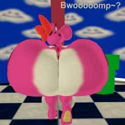 3d anthro ass big_balls birdo blender blender_(software) bow bwomp dld493v2 english_text feet from_behind futanari huge_balls hyper hyper_ass indoors mario_(series) nintendo onomatopoeia pink_skin self_upload solo solo_futa super_mario_bros. warp_pipe