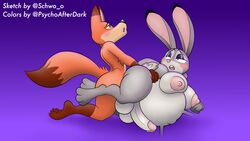 absurd_res anthro ass big_breasts big_nipples blush bodily_fluids breasts canid canine cum cum_in_ass cum_inside cumflation dickgirl disney duo female fox futanari genital_fluids genitals gynomorph hi_res hyper hyper_genitalia inflation intersex intersex/male judy_hopps lagomorph large_breasts leporid looking_back looking_pleasured male male_on_futa mammal nick_wilde nipples pregnant pregnant_futa psychoticwalrus rabbit schwoo zootopia