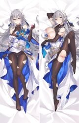 bare_shoulders blush breasts bronya_rand condom dakimakura_(medium) dress earrings elbow_gloves female full_body gloves grey_eyes grey_hair hentai_kuwa holding holding_condom honkai:_star_rail honkai_(series) jewelry large_breasts leg_up long_hair nipples pantyhose pussy thighs torn_clothes torn_pantyhose white_dress