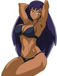 1girls aged_up alternate_breast_size bikini black_bikini blank_background brown_eyes dark-skinned_female fallere825 female female_only human iris_(pokemon) large_breasts looking_at_viewer navel pokemon purple_hair solo