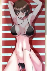 beach big_breasts bikini_bottom_untied black_bikini lying_on_back makoto_niijima makoto_nijima persona persona_5 towel