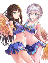 2girls anastasia_(idolmaster) armpits ass blue_eyes brown_hair cheerleader collarbone crop_top crop_top_overhang eyelashes green_eyes hamahama idolmaster idolmaster_cinderella_girls long_hair looking_at_viewer medium_breasts midriff miniskirt navel no_bra open_mouth pleated_skirt pom_poms shibuya_rin short_hair silver_hair skirt smile thighs toned toned_belly toned_stomach underboob white_background wrist_cuffs