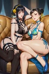 2girls arm_behind_head bikini black_bra black_garter_straps black_gloves black_hair black_thighhighs blue_bikini blue_footwear bra breasts brown_eyes capcom chun-li cleavage collarbone commentary couch crossover earrings english_commentary female female_only fingerless_gloves garter_straps gloves gold_earrings gold_hairband hair_bun hair_ribbon hairband hand_on_lap highres jewelry large_breasts lingerie looking_at_viewer mixed-language_commentary multiple_girls navel neoartcore o-ring paid_reward_available panties pantyshot parted_lips patreon_username red_eyes ribbon single_hair_bun sitting spy_x_family strap_pull street_fighter street_fighter_6 swimsuit thai_commentary thighhighs thighs underwear yor_briar