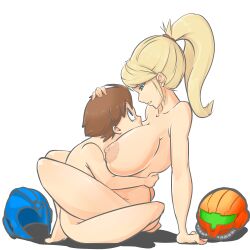 1boy1girl big_breasts helmet helmet_with_visor looking_at_partner mega_man mega_man(classic) mega_man_(character) metroid nintendo nude samus_aran smaller_male super_smash_bros. varia_suit_helmet yellow_hair