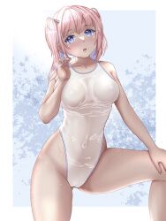 collarbone competition_swimsuit hand_on_knee knees_up medium_breasts one_arm_up one_knee_up original original_character pink_hair see-through see-through_swimsuit short_hair tongue_out twintails wet wet_body wet_skin wet_swimsuit