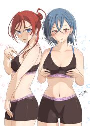 2girls blush breasts cleavage hair_bun hands_on_own_chest iariaiki_(stareikachan) looking_at_viewer love_live! love_live!_superstar!! midriff navel open_mouth shorts sports_bra steaming_body tight_clothing wakana_shiki yoneme_mei