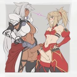 2futas animal_ears big_breasts big_penis black_panties blonde_hair blue_eyes blush breasts brown_hair caenis_(fate) catfight cleavage closed_mouth clothed clothing competitive dark-skinned_futanari dark_skin detached_sleeves duo edit edited electricity erection eye_contact fate/apocrypha fate/grand_order fate_(series) frottage frotting futa_only futa_with_futa futanari futmad_(editor) green_eyes grey_background grey_hair grin hand_on_hip human large_breasts large_penis light-skinned_futanari light_skin lightning_stare long_hair looking_at_another medium_breasts mikoyan mordred_(fate) mordred_(fate/apocrypha) mostly_clothed multiple_girls navel pale_skin panties penis penises_touching sexfight silver_hair simple_background smile standing staredown sweat sweatdrop teeth testicles underwear