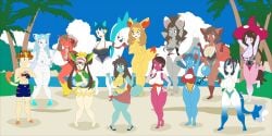 alolan_vulpix amantepokemon anthro anthro_only beach big_breasts big_hips blaziken dawn_(pokemon) deerling elaine_(pokemon) embarrassed evilkinglich female gloria_(pokemon) googles group_picture happy hatterene hilda_(pokemon) hisui juliana_(pokemon) kris_(pokemon) leaf_(pokemon) lillie_(pokemon) marill marina_(amantepokemon) marina_(evilkinglich) marshall_(amantepokemon) marshall_(evilkinglich) may_(pokemon) meowth minccino naked one_piece_swimsuit pachirisu pokemon pokemon_(species) pokemon_snap prank primarina rosa_(pokemon) sea seashore selene_(pokemon) serena_(pokemon) stretching swimsuit swimsuit_removed tail tennis_shoes tinkaton transformation vulpix wartortle